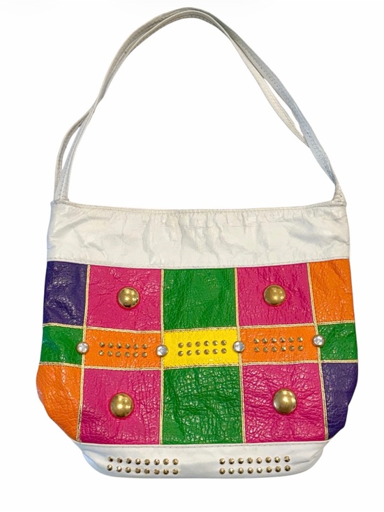 Dove Handbags - White Leather Multicolor Patchwork Shoulder Bag with Gold Stud Details